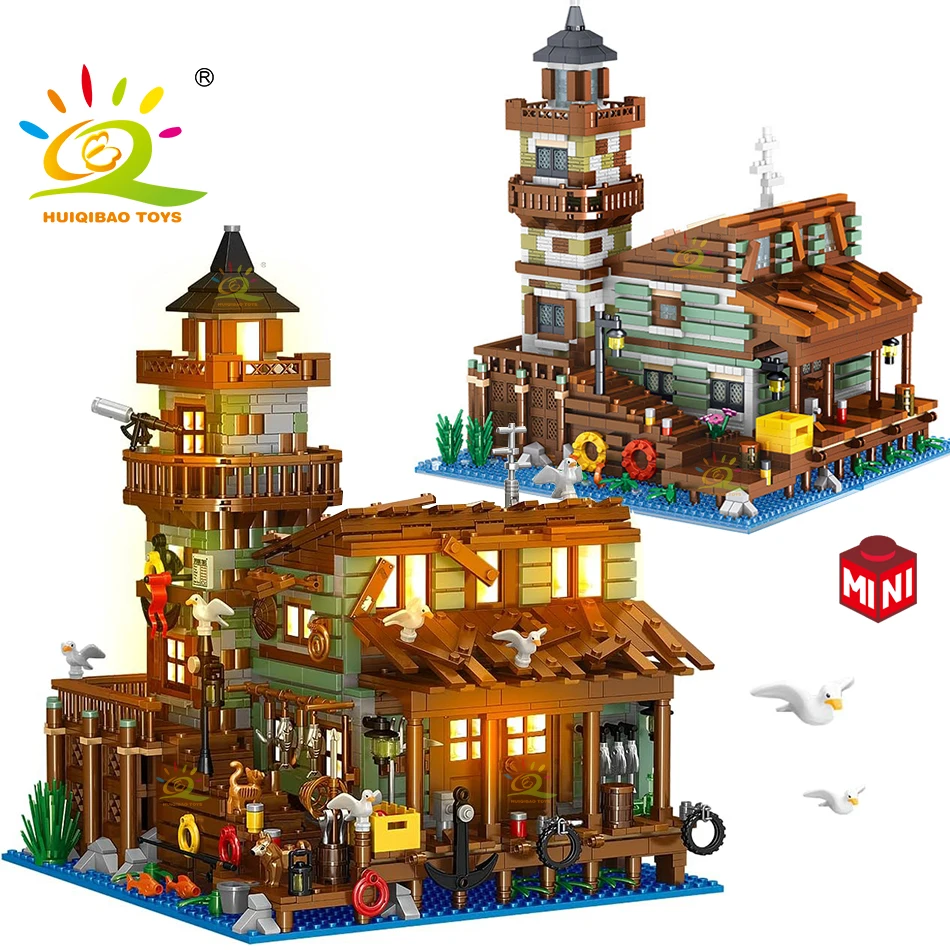 HUIQIBAO City MINI Fishing Village Cabin Micro Building Blocks DIY Fish House Pier With Liight Set Bricks Toys Children Adult