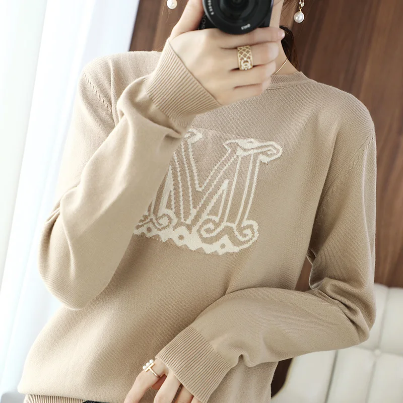 women Autumn and winter O-Neck Cashmere sweaters knitted Pullovers  Fashionable embroidered letter cashmere sweater Female