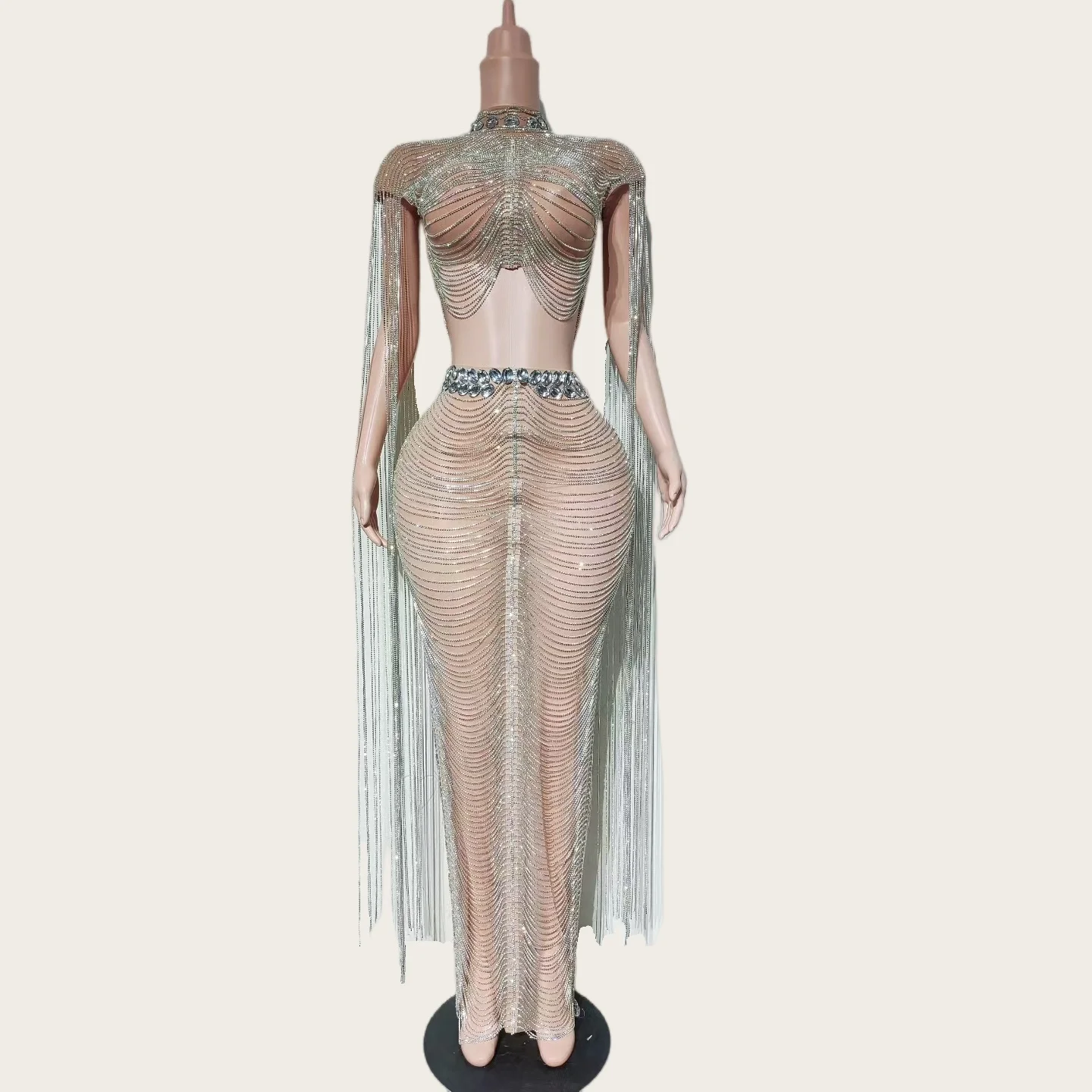 

Glamorous Women Luxury Crop Tops Long Skirt 2Pieces Set Party Gala Festival Sexy Sparkly Crystals Chains Evening Dress Dongche