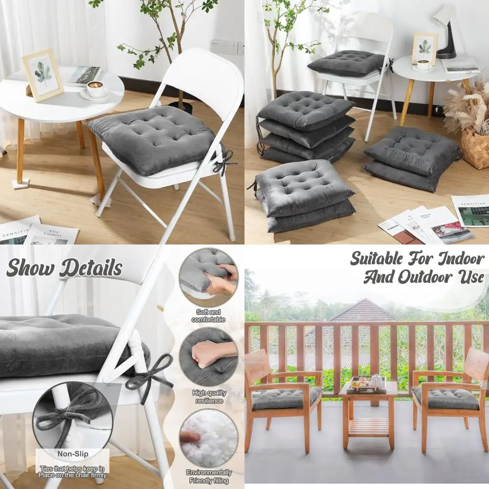 

Gray 17.8x17.8 Seat Cushions with Ties for Kitchen, Office, and Outdoor Chairs - Non-Slip, Indoor/Outdoor Use