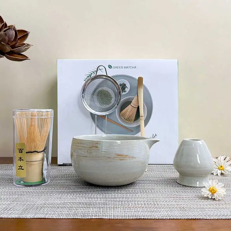 

Luxury Matcha Set Japanese Ceremony Kit 5PC Glazed Bowl Traditional Whisk Complete Tea Tools for Gift Giving Premium Collection