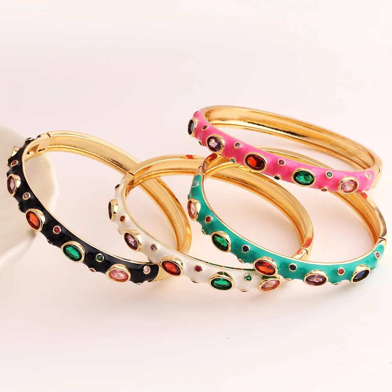 

18K Gold-plated Cuffs Neon Enamel Rainbow 5A Cubic Zirconia CZ Geometric Bracelet Send Women Couple Anniversary Jewelry Gift