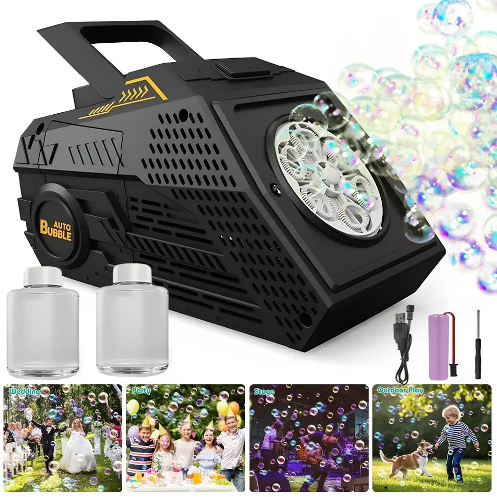 1 ensemble de machine à bulles automatique, conçue avec des trous à bulles élargis, convient aux fêtes d'anniversaire, aux mariages, aux spectacles sur scène, aux jeux en plein air et à d'autres occasions, offrant un divertissement sans fin.
