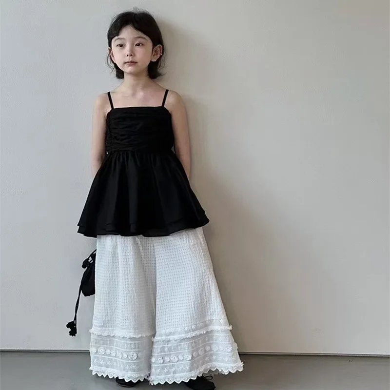 

Korean Girls Set 2025 Spring Summer New Suspender Top 2025 Versatile Solid Loose Casual Lace Pants Two-piece Set Trendy