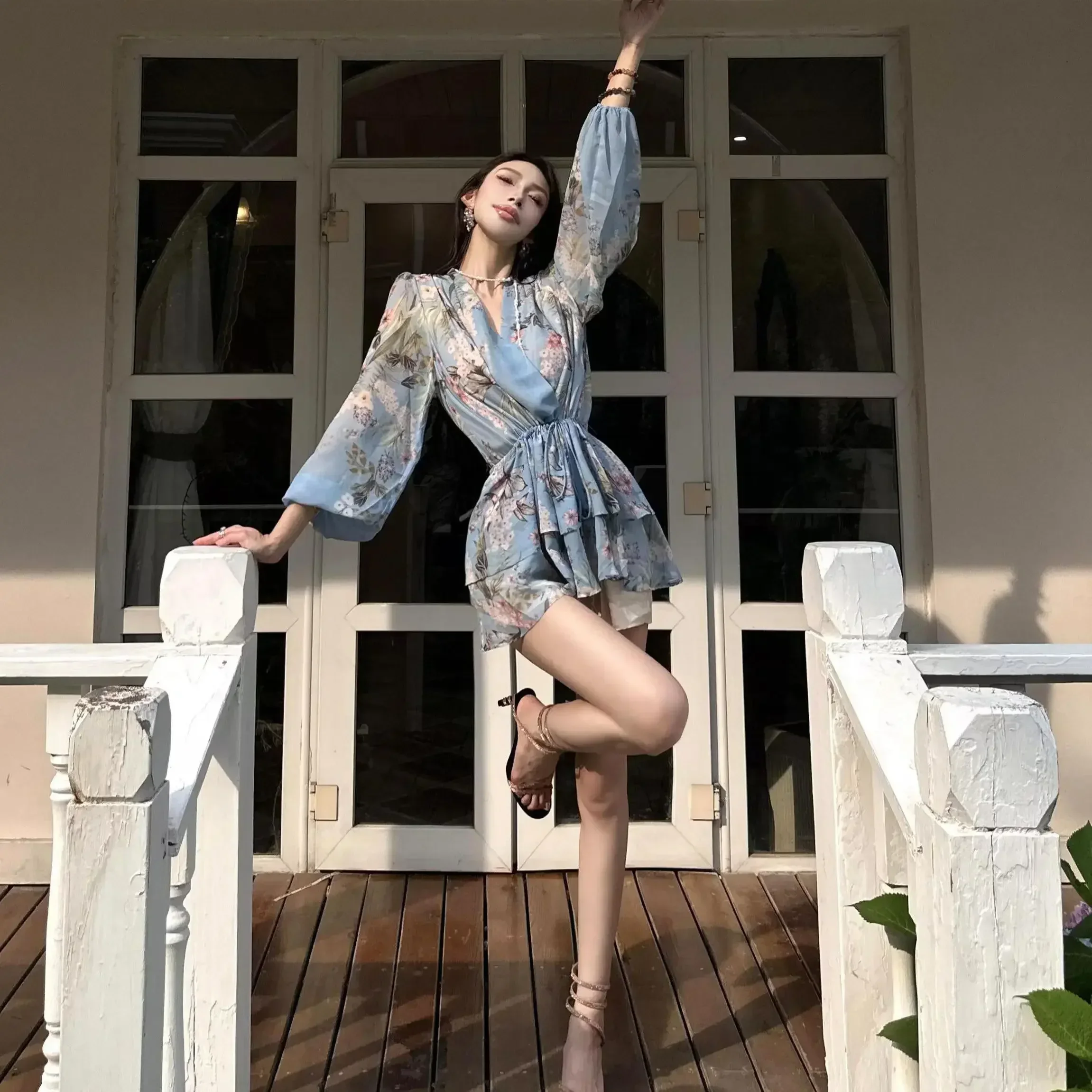 Floral Chiffon Short Mini Woman Long Sleeve Dress 2025 Fashion New Features of Thic One Pieces Designer Loose Dresses for Women