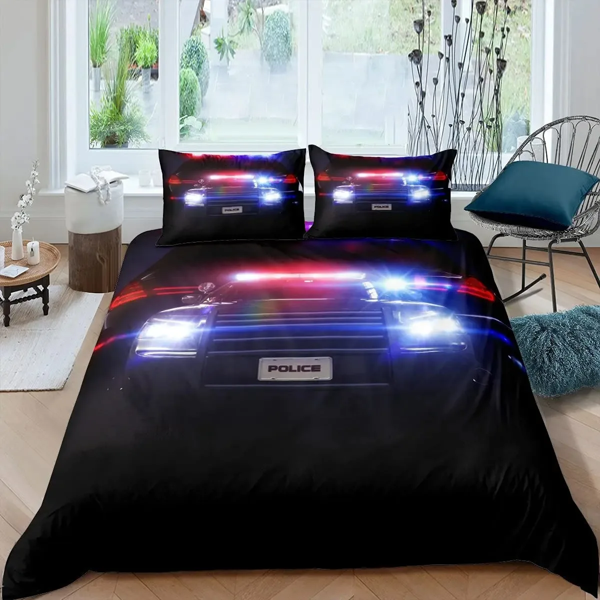 Police Car Duvet Cover Cartoon Set Car Blue Grey Emergency Responder Vehicles Polyester Quilt Cover with Pillowcases King Size