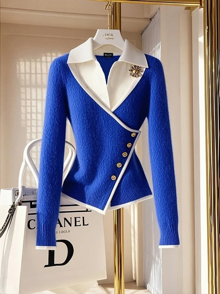 Chaqueta de Punto Azul Klein con Efecto de Dos Piezas para Mujer, Diseño Elegante de Invierno, Manga Larga, Corte Regular, Estilo para el Trabajo