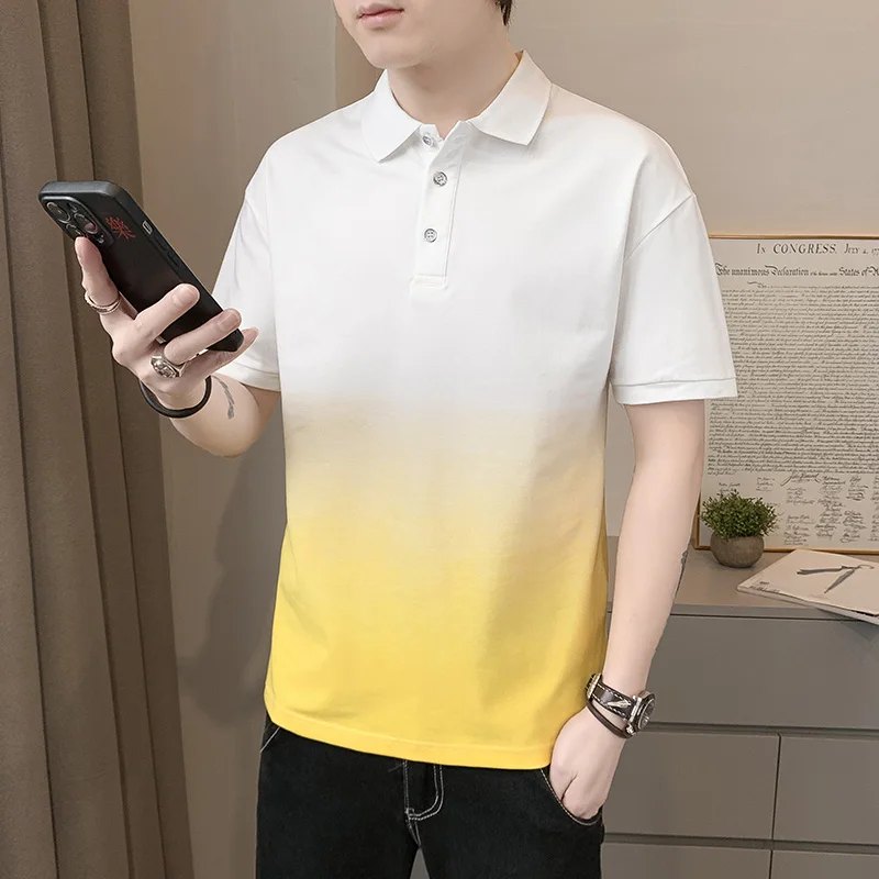 

Fashion Lapel Button Casual Gradient Polo Shirts Men Clothing 2024 Summer New Loose All-match Short Sleeve Tops Korean Tee Shirt