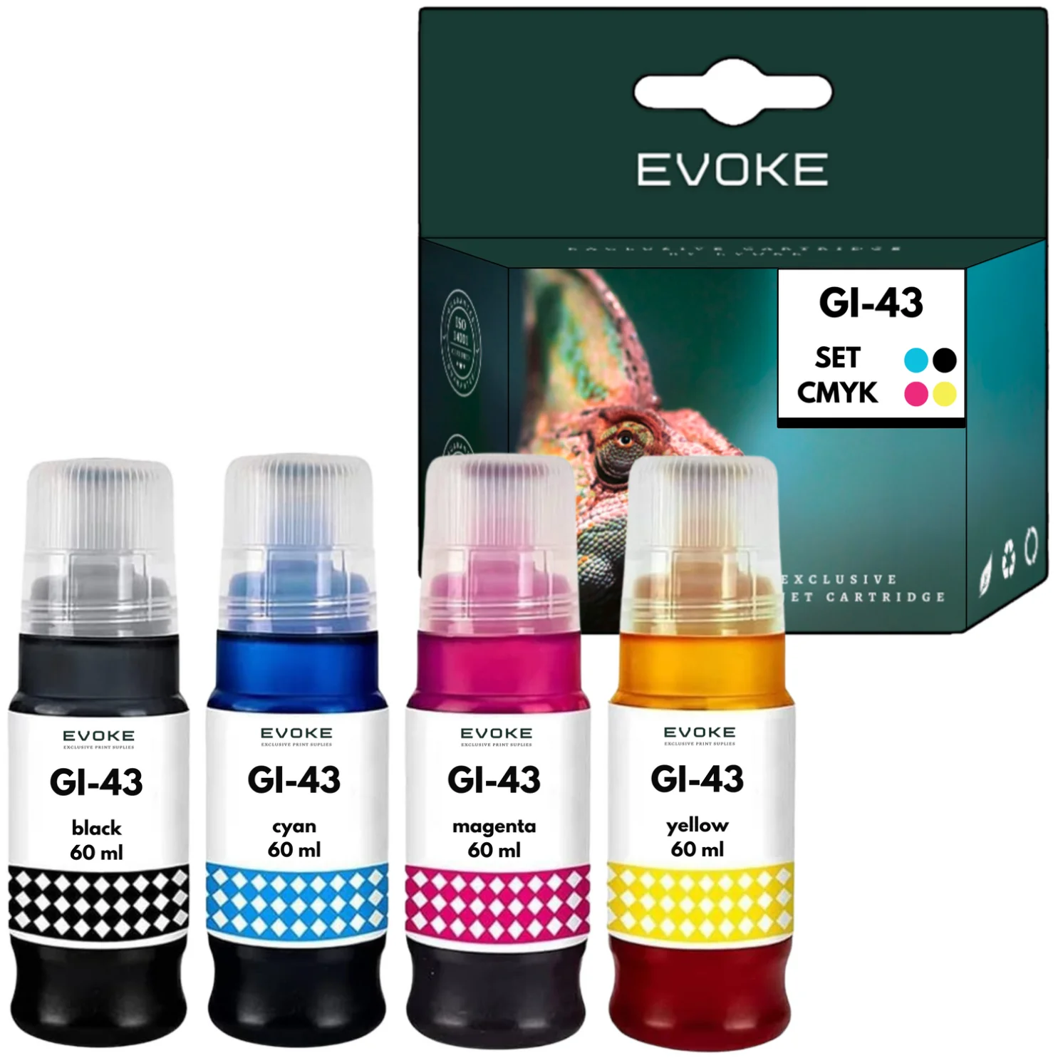 Evoke Compatibele Inkt voor Canon Gi-43 Gi43 4X Cmyk: Zwart, Cyaan, Magenta, Geel 240 ml 14800 Pagina's Pixma G540 G550 G640 G650