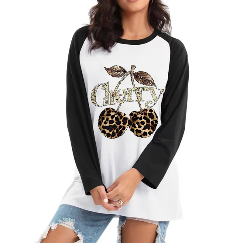 الشارع الشهير ليوبارد الكرز ملابس منقوشة بكم طويل قميص مضحك تي شيرت المرأة جميع المواسم تي شيرت طاقم الرقبة تي شيرت عادية