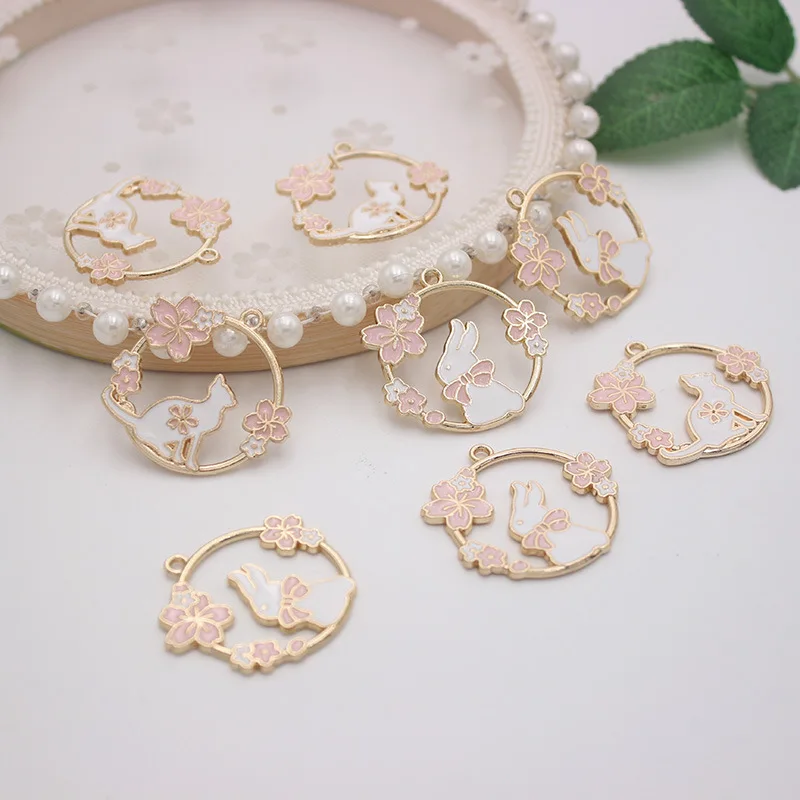 10pcs/Lot Pink Wreath Cat Rabbit Shape Enamel Charms Alloy Drip Oil Cherry Blossoms Flowers Keychain Bracelet Earring Pendant