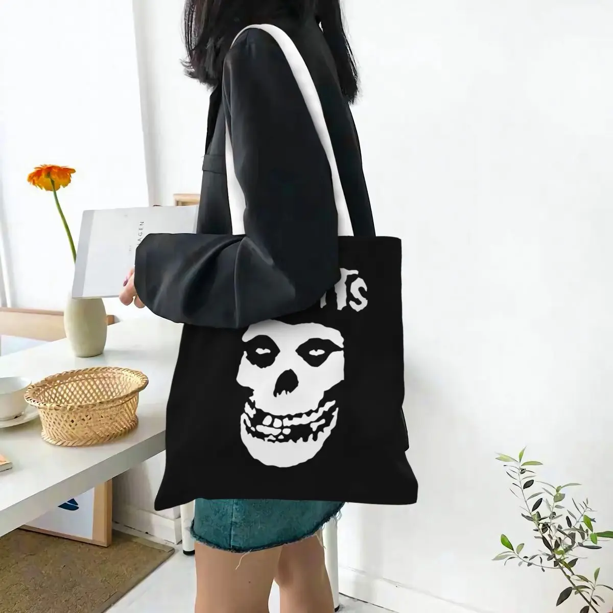 Tas Belanja Bat Skull Misfits Skull Mesh Kanvas Lipat Tas Tote Wanita Tas Bahu Travel
