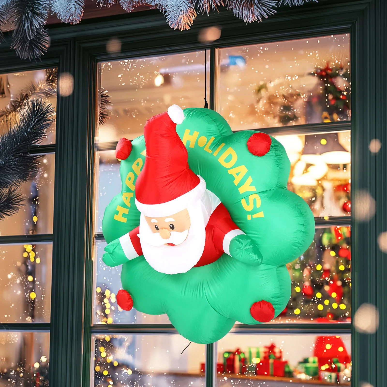 4 FT LED Lights Inflatable Santa with Wreath Broke Out from Window Hanging Decor Holiday Party Front Yard Lawn Garden