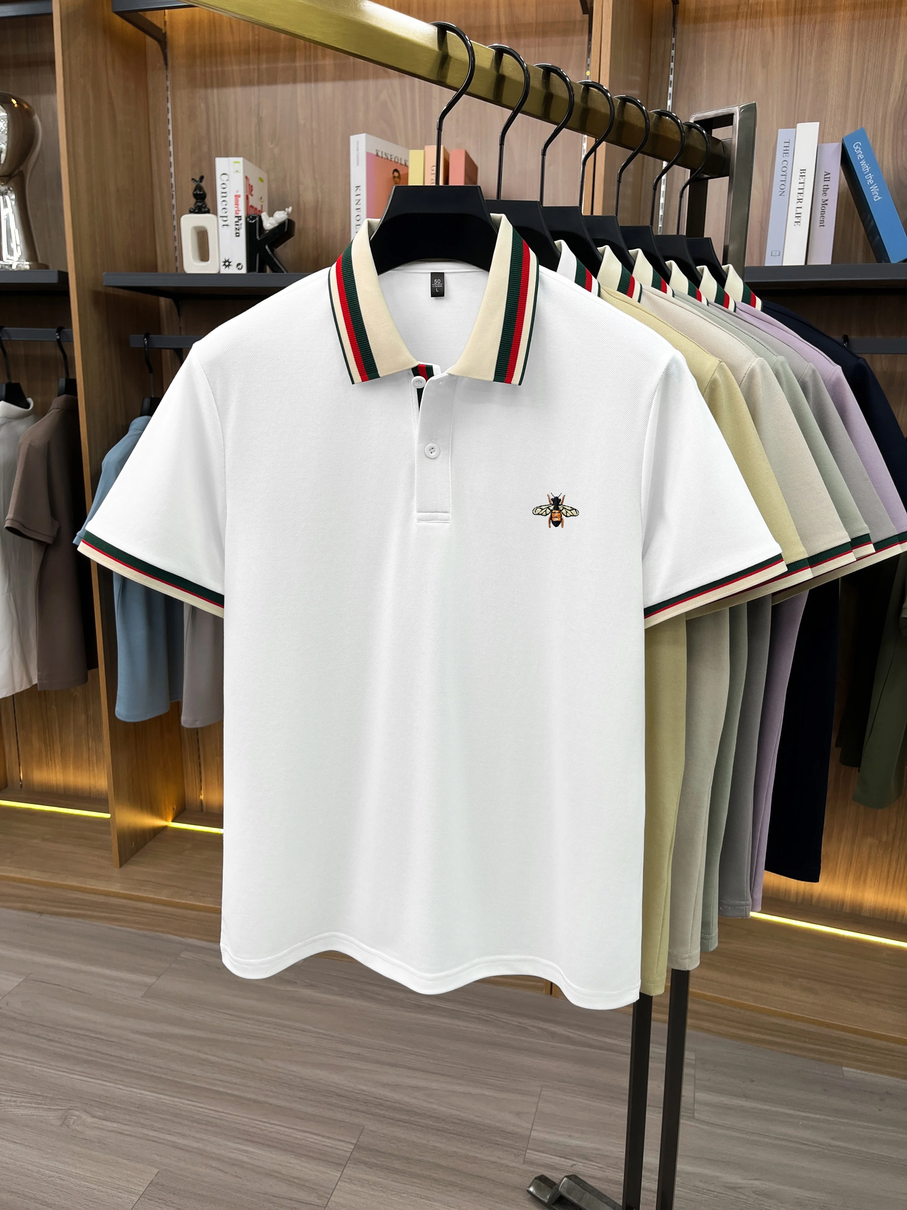 High-End Seide Baumwolle Kurzarm Herren POLO Shirt Sommer Mode Marke Boutique Bienen Stickerei Freizeit Business Flip-up T-Shirt – Detail 9