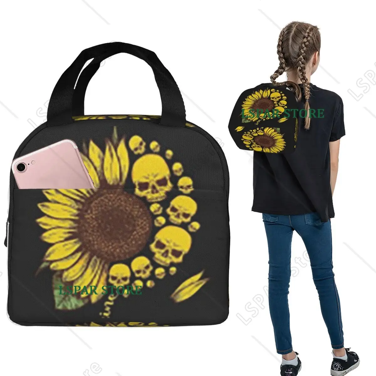 

Сумки для обеда Sunflower Sugar Skull, изолированная коробка для бенто, водонепроницаемая сумка для обеда, многоразовая термосумка-холодильник для женщин, студентов, путешествий