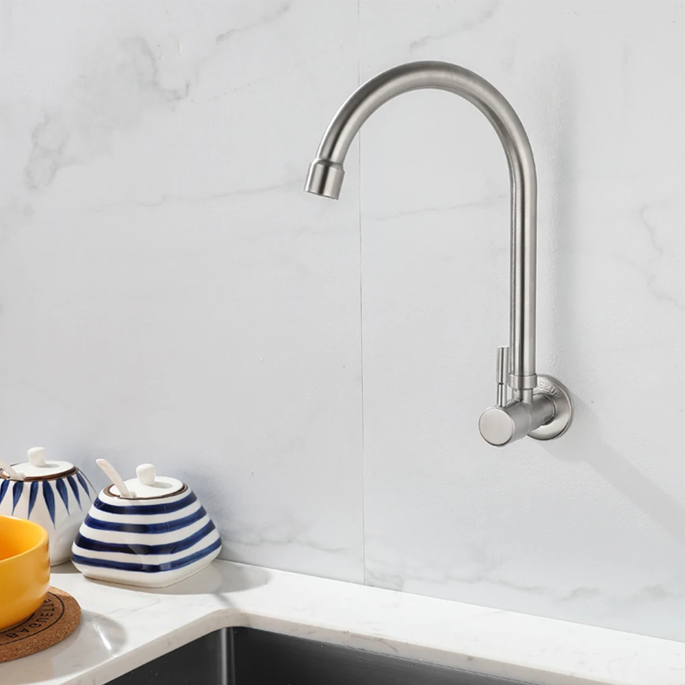 

1pcs Kitchen Sink Faucet Wall Mounted Single Cold Faucet Balcony Rotating Stainless Steel Tap Kitchen Faucet Bathroom Basin Taps