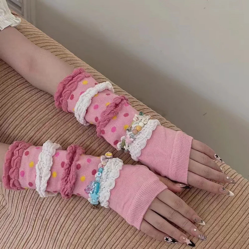

Y2K Girls Sweet Pink Dot Вязаные рукава JK Lolita Kawaii Солнцезащитный крем Женские длинные перчатки в стиле хип-хоп Эластичные перчатки без пальцев