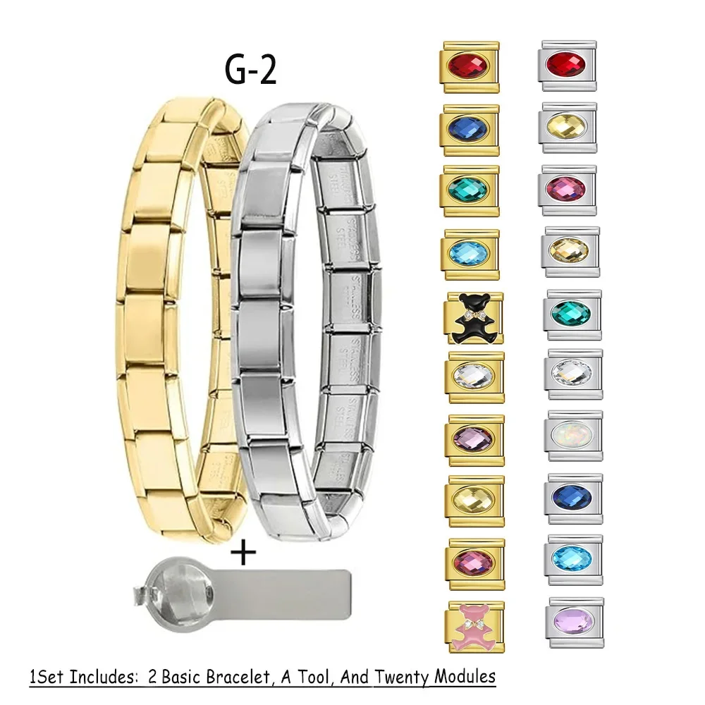 Fashion Gift Italian Charm Bracelets Set with Basic Chain Tool 9mm Modular Stainless Steel Link DIY Making Jewelry Pack
