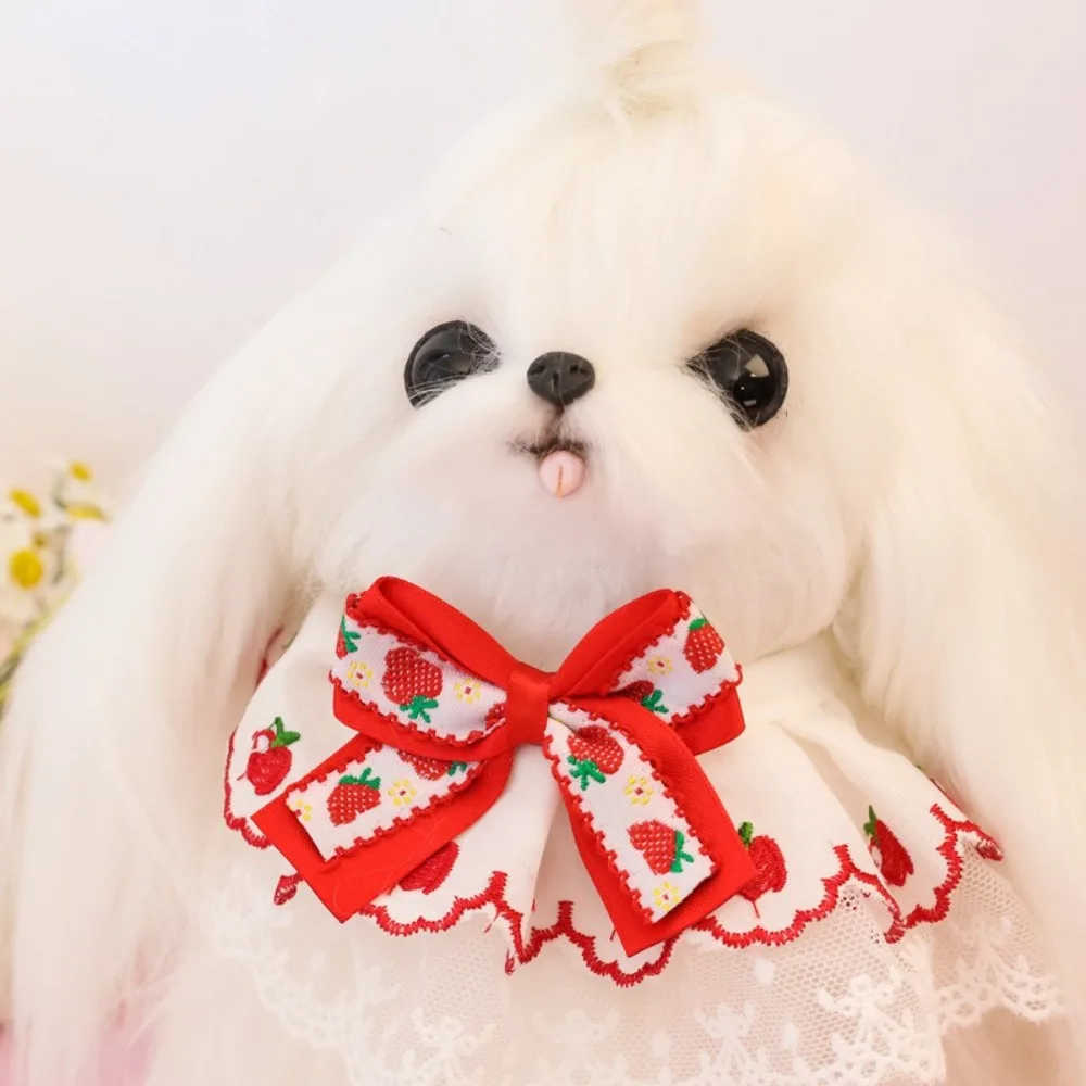 Collar de encaje floral para mascotas con babero, lazo de fresa y cereza para gatos y perros, babero fino de primavera y verano, lindo collar con lazo para mascotas