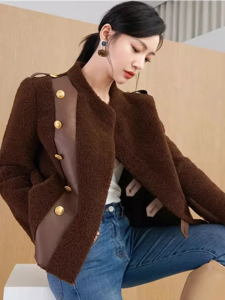 Fur One-piece Brown Coat Women's Autumn Winter Goddess Style Temperament All-match Lamb Wool Stitching Design Short Jacket