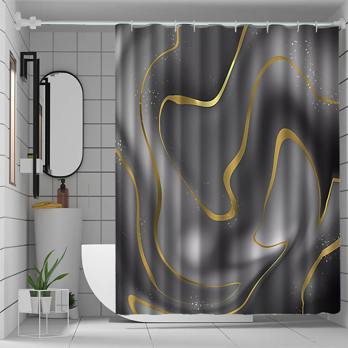 

1pc black and gold abstract pattern shower curtain, polyester fabric, machine washable, suitable for bathroom decoration