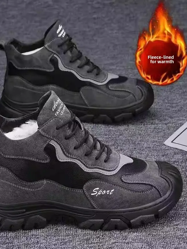 

Мужские зимние высокие спортивные ботинки с флисовой подкладкой, кожаные, с мехом, противоскользящие, мягкие, повседневные, теплые, хлопковые.