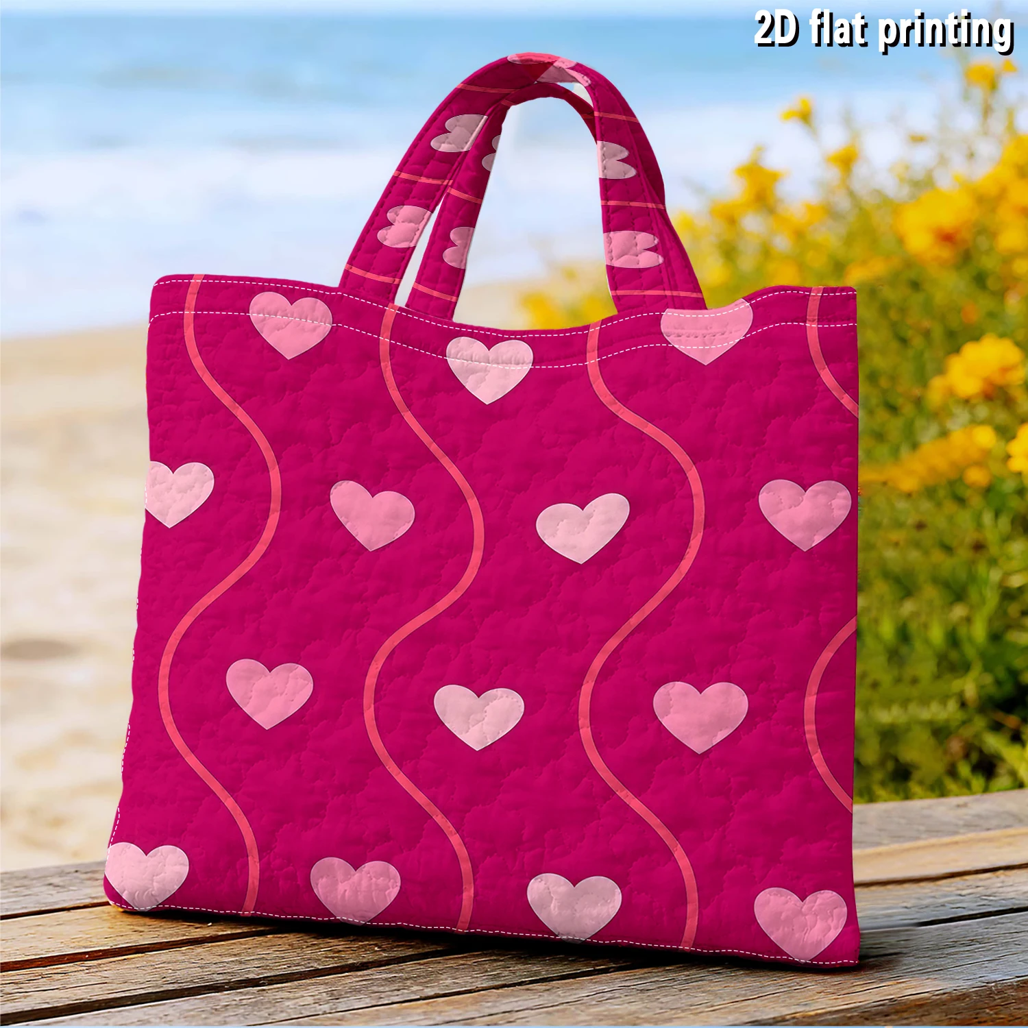 Fuchsia Wave & Heart Large Capacity Canvas Shoulder Bag Dual Side Print Tote Bag Daily Shopping Bag Fashion Gift Handbag