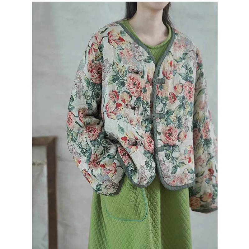 2023 New Arrival Winter Women Casual Vintage Floral Print Single Breasted Parker Arts Style Loose V-neck Long Sleeve Coats V830