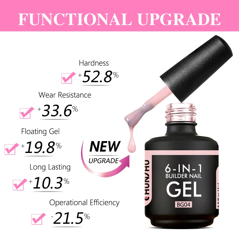 CHUNSHU-Construtor de Unhas Gel em Garrafa, Cor Neon, Construção de Unhas, Extensão Gel Polonês, Rosa Claro, Base Led UV, Top Coat, 15ml, 6in 1