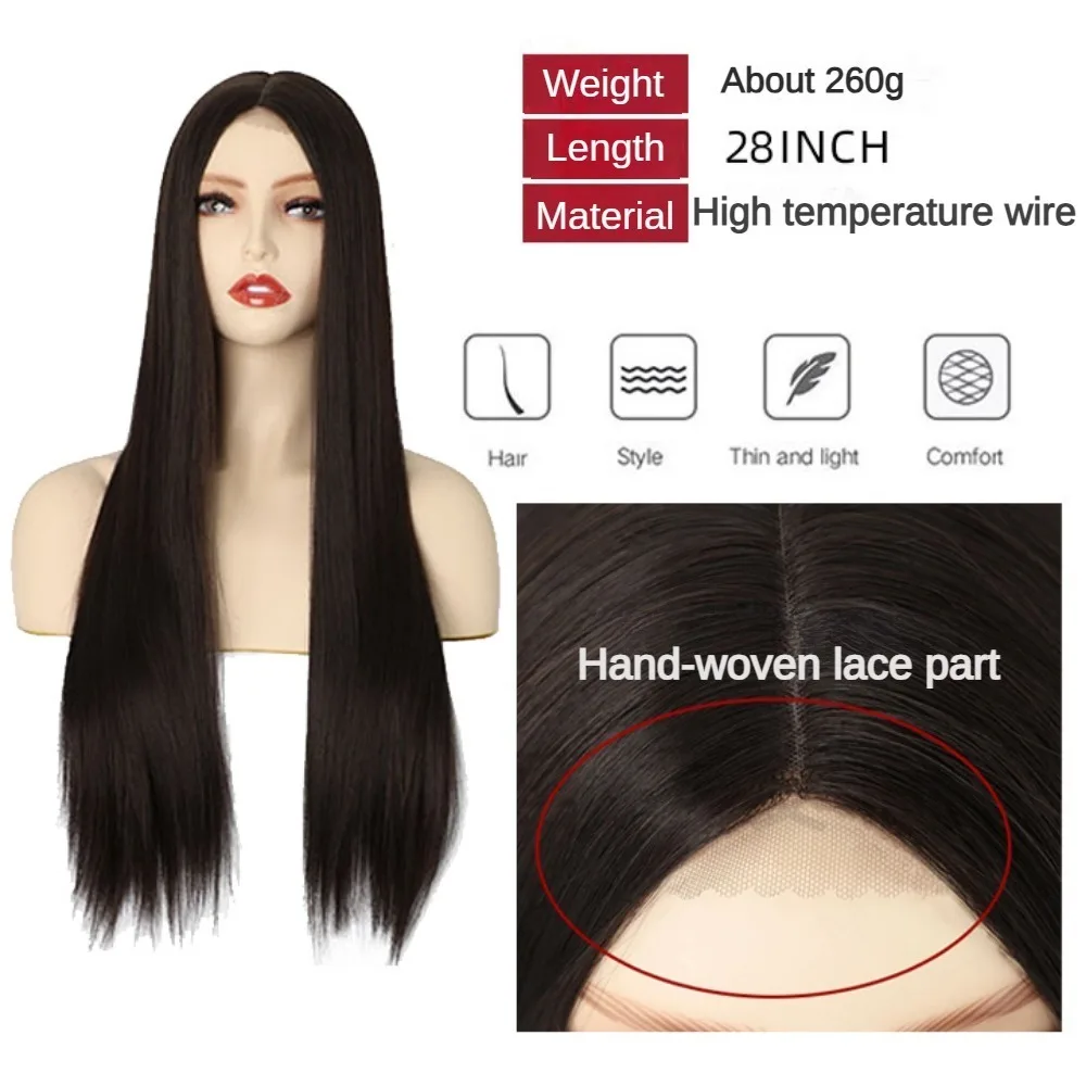 Wig sintetis renda depan dalam topi kecil, rambut lurus panjang dengan gradien hitam ke emas untuk tampilan sempurna 28 inci 27/613 untuk wanita