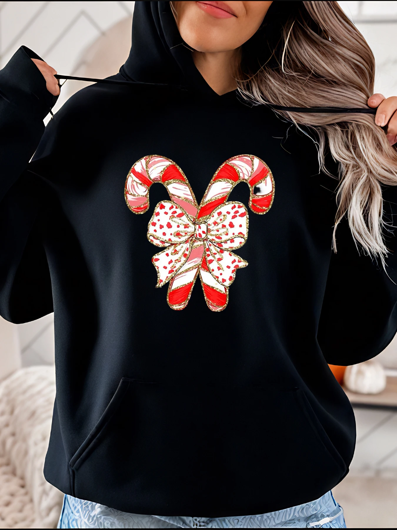 

Толстовка с принтом конфетной трости в рождественском стиле с бантом, женская повседневная праздничная одежда