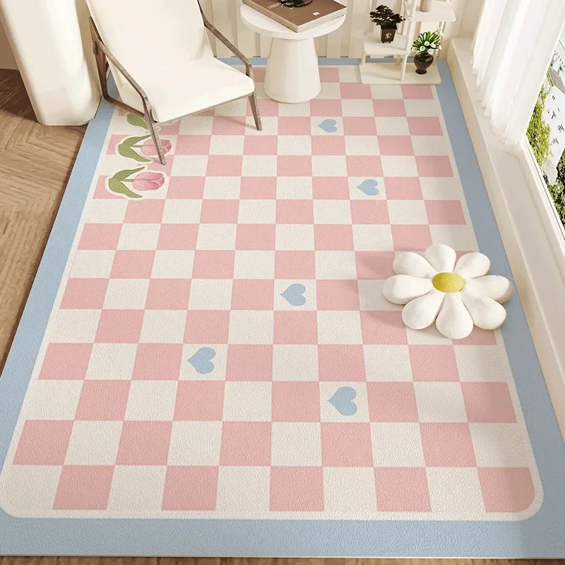 Kitchen Floor Mat Leather Waterproof Carpet Oil-proof Non-slip Foot Mats Pink Cute Plaid Minimalist Home Decoration Balcony Rug