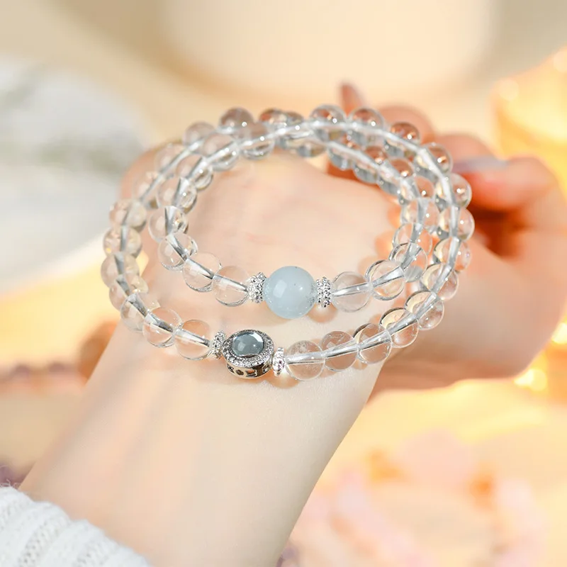 Natural White Crystal Aquamarine Double Circle Bracelet Fresh Fashion Female Jewelry Festival Gift For Best Friend