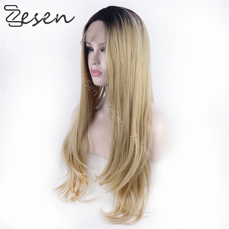 

Dark Root Long Straight Synthetic Hair Lace Front Wigs For Women Ombre Ash Blonde Color Lace Frontal Wig Cosplay Daily Wear Wig