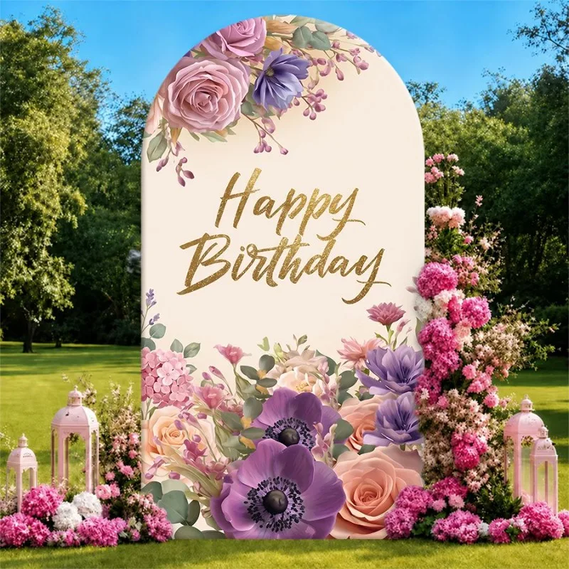 

Single Side Arch Backdrop Cover Elegant Floral Birthday Backdrop with Gold Script and Purple Pink Roses for Sophisticated Party