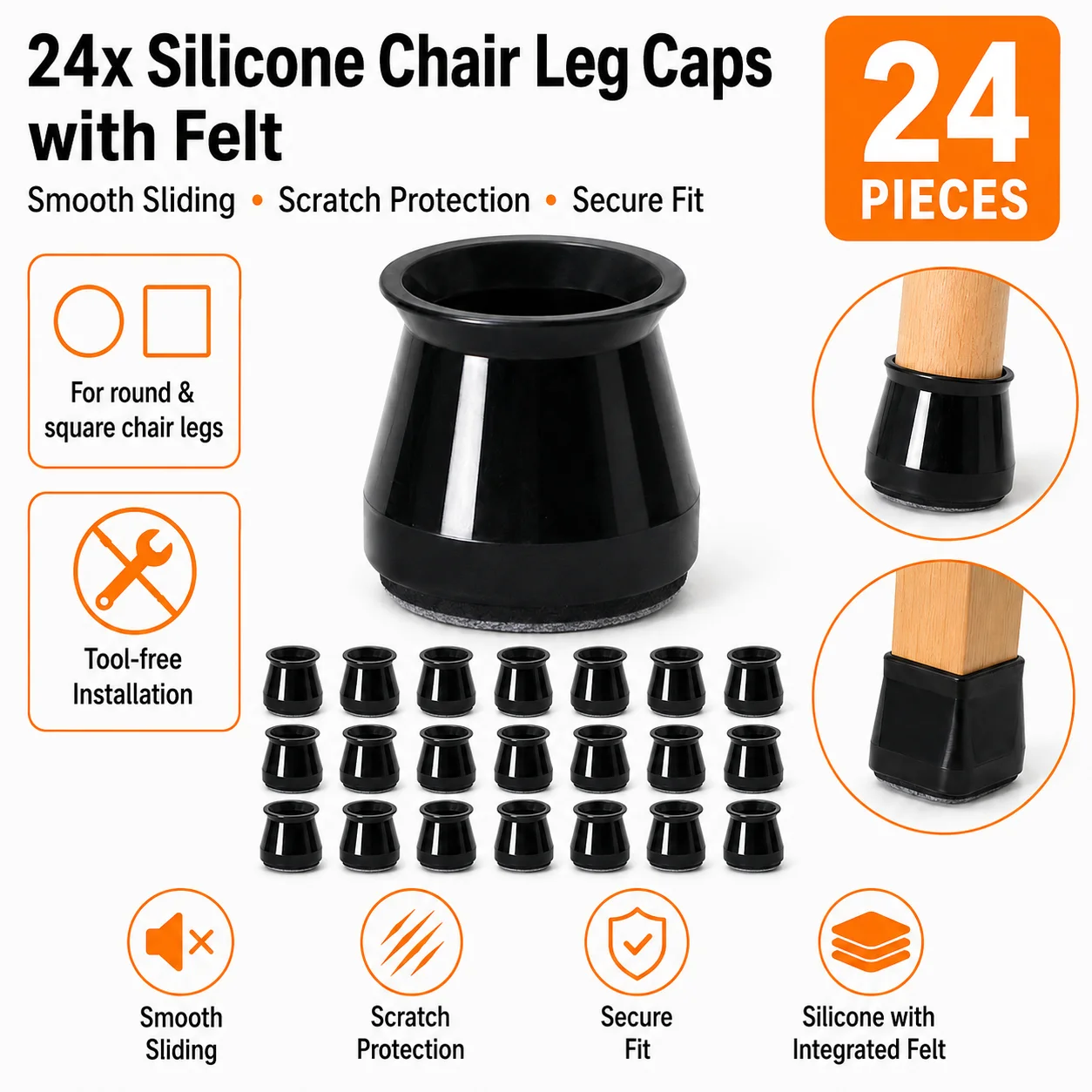 Flat Bottom Chair Leg Protectors 24 PCS, Silicone Furniture Leg Caps with Felt Pads for Wood Laminate Tile Floors, Chairs Tables