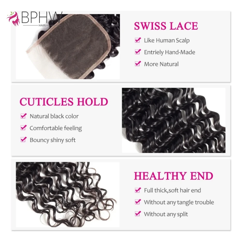 BPHW Deep Wave 3 Bundles With 4x4 Lace Closure Hair Weave Brazylijskie włosy 100% ludzkie włosy Brązowe koronkowe włosy Remy dla czarnych kobiet