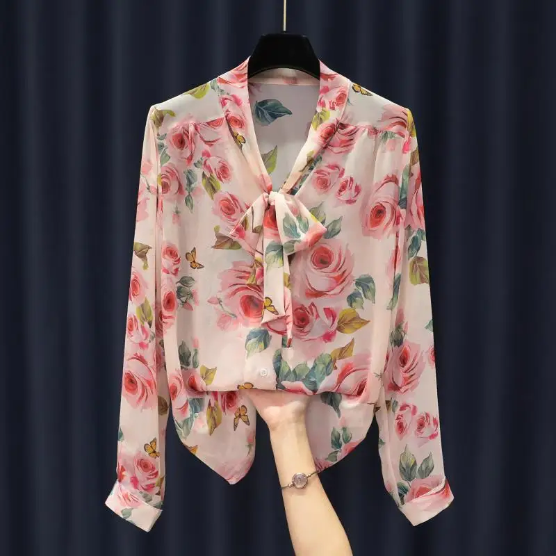 Elegant Bow Patchwork Shirt Tops Spring New Long Sleeve Loose Printing Chiffon Thin Blouse Temperament Fashion Women Clothing