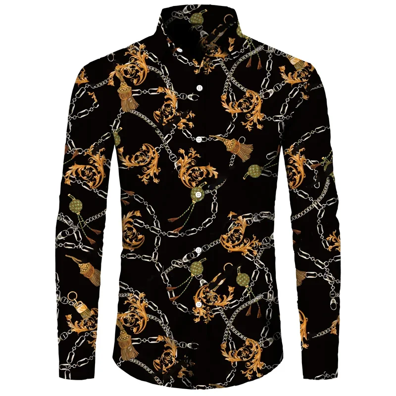 2024 New Luxury Golden Flower Chain 3D Print Men Lapel Button Shirts Long Sleeve Shirt Casual Mens Designer Clothing Streetwear