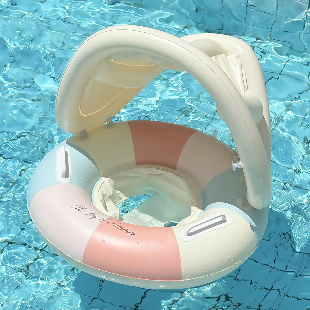 2026 Summer Beach Party Kids Swimming Ring Removable Sunshade Color Block Infant Baby Seat Float INS Viral Water Sitting Ring