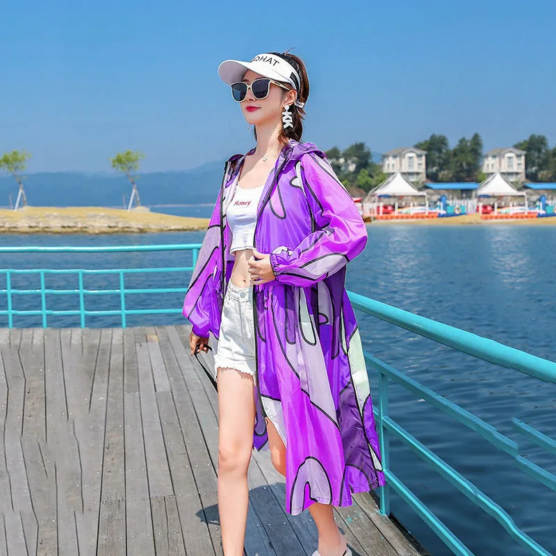 Flower Color Medium Long Women's Sun Protection Jacket 2022 New Summer Thin Payment Loose Outdoor Anti-UV Printing  Ladies Coat