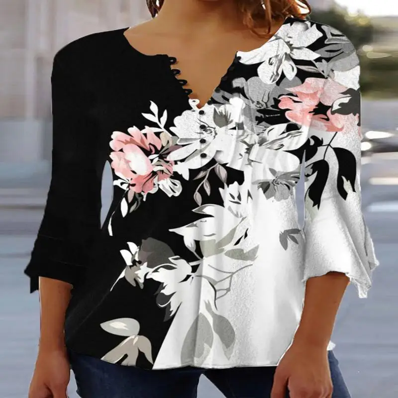 

Plus Size Women 3/4 Sleeve V-neck Colorblock Floral Printed Tops