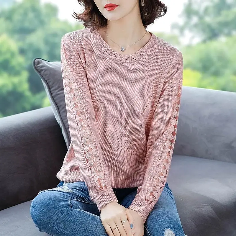 Women Trendy Hollow Lace Patchwork Elegant Knitwear Korean Solid O Neck Loose Pullover Tops Casual Long Sleeve All Match Sweater