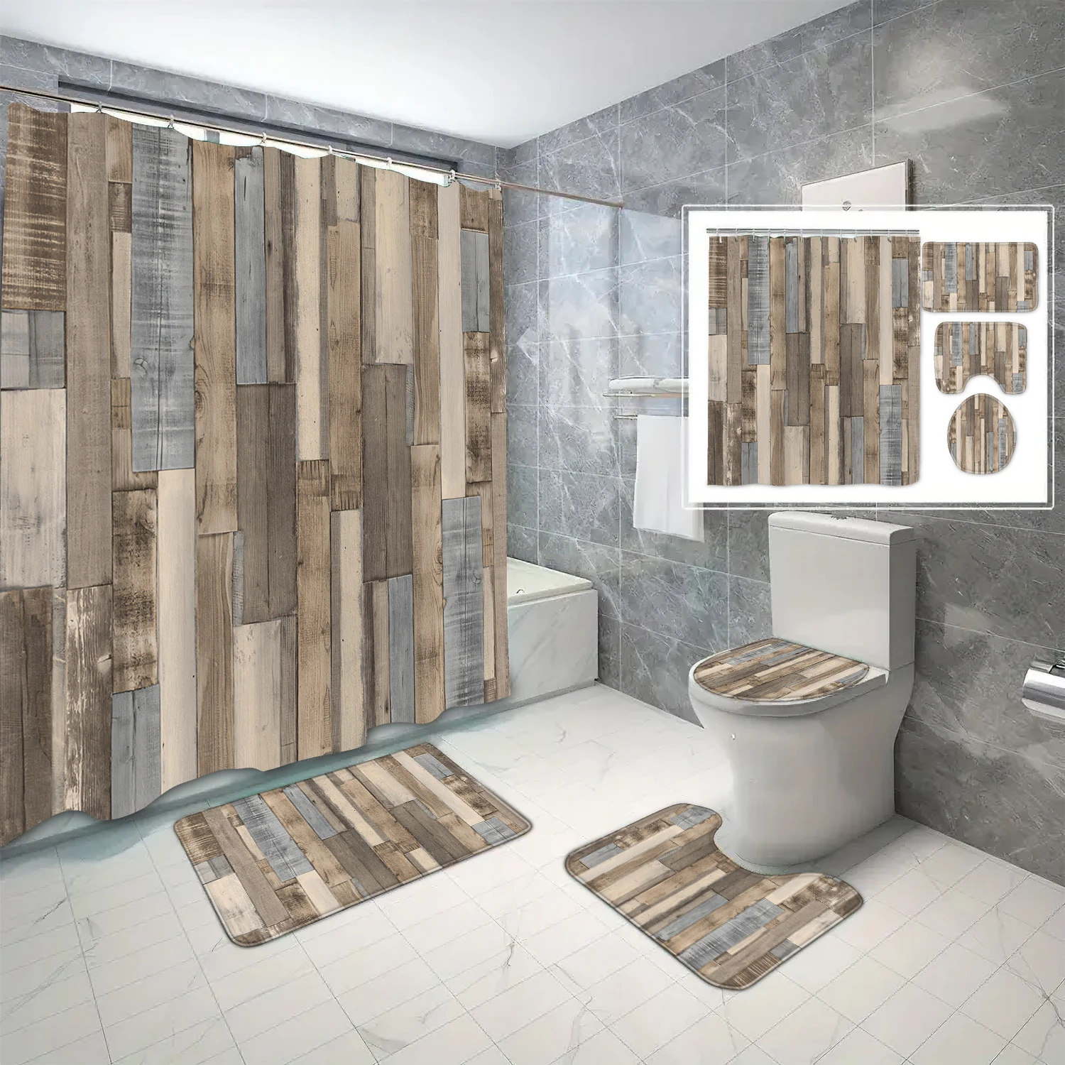 4-piece set of brown wood grain printed waterproof shower curtains with 12 hooks and bathroom floor mats