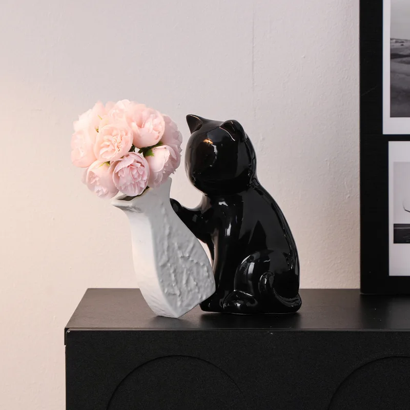 Cute cat flower arrangement creative vase decoration for living room, office, light luxury