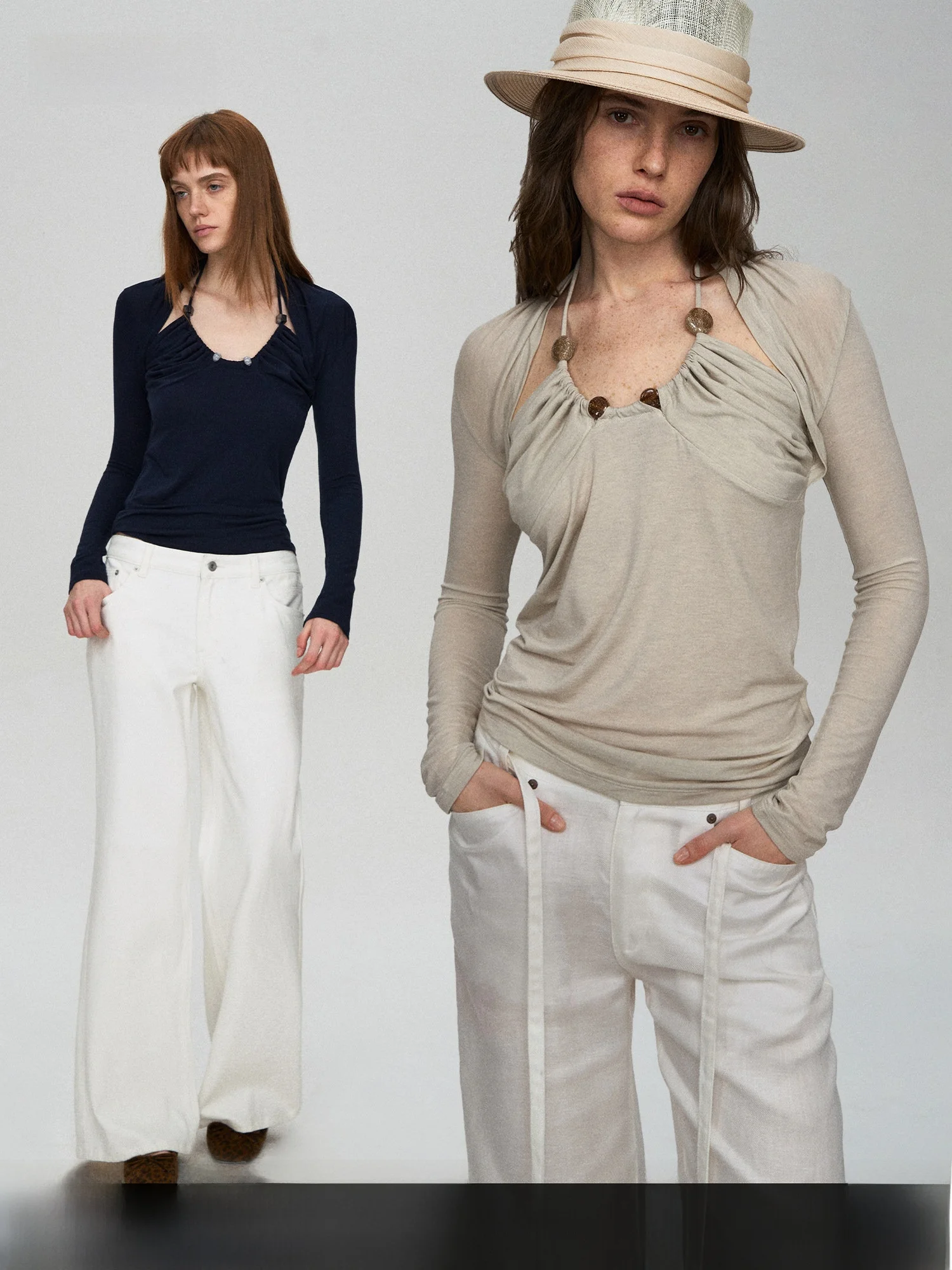 

Женская футболка из шерстяной смеси приталенного кроя, повседневный стиль, длинный рукав, с драпировкой, модная отделка бисером, свободный крой, весенний сезон