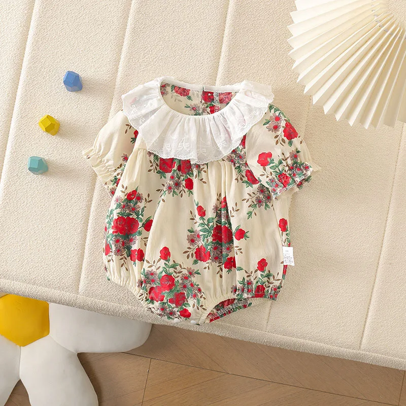 New Summer Baby Bodysuit 3-24M Sweet Floral Girls Jumpsuit Lace Collar Flower Toddler One Piece Infant Clothes