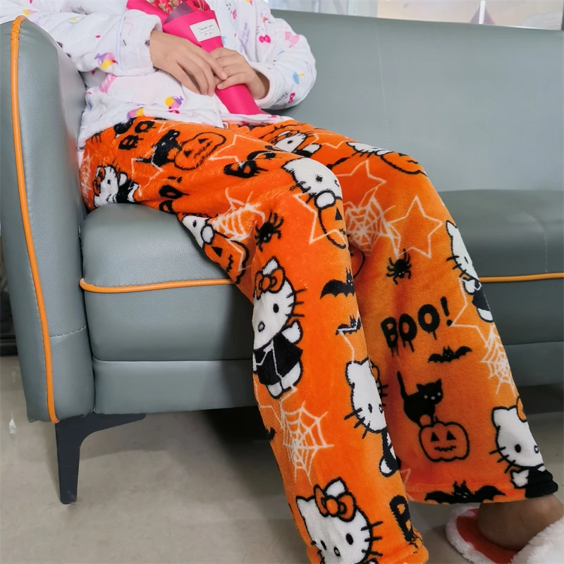 Halloween Sanrio Hello Kitty Fleece Coral Pajama Pants Soft Trousers Women Casual Home Kawaii Anime Cartoon Birthday Gift