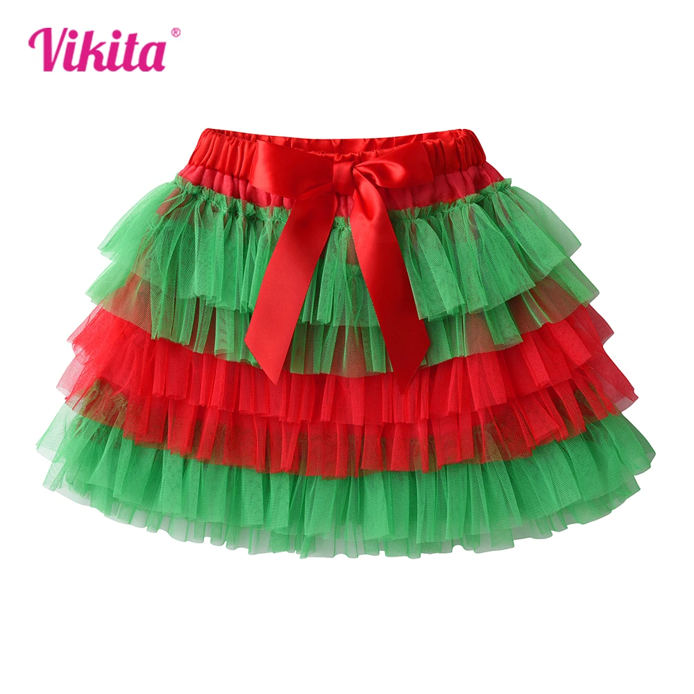 

VIKITA Girls New Year Xmas Christmas Red Green Mini Skirts Kids Cake Layered Tutu Skirt with Bow Knot Children Princess Skirts