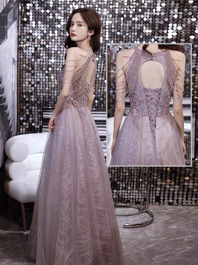 Abiti da sera con scollo all'americana viola chiaro A-line con perline con nappe Appliques Abiti da ballo lunghi per feste di compleanno in tulle senza schienale con paillettes